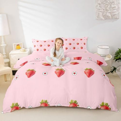 Kawaii Bedding Set, Pink Strawberry Comforter Cover Set for Kids Girls Kawaii Room Decor, Cute Cartoon Strawberry Bedding Set, Soft Micorfiber Reversible Duvet Cover With 2 Pillowcases, Queen Size