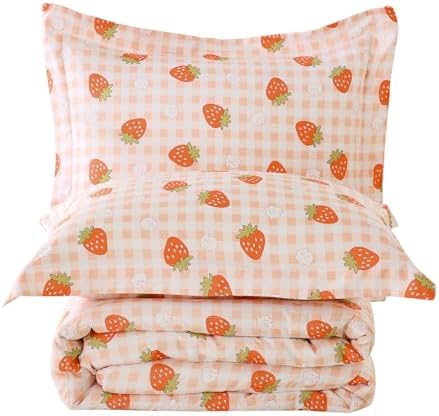 Yibeizi Strawberry Comforter Set Twin Size Girls Gingham Bedding