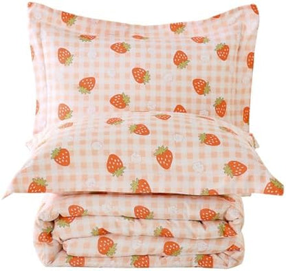 Yibeizi Strawberry Comforter Set Twin Size Girls Gingham Bedding