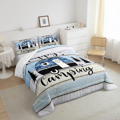Happy Camping RV Kids Comforter Set King Size,Pine Camo Camper Rustic Farmhouse Bedding Set,Girls Boys Room Decor,Wooden Plank Cottage Country Quilt Comforter,Blue Chic Duvet Insert,2 Pillowcases