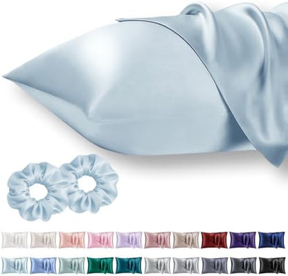 Vielit Standard Satin Pillowcase for Hair 2pc,Similar to Silk Pillow Cases, for Women Men,Sky Blue,20x26 & Envelope Closure and 2 Satin Scrunchies