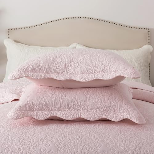 HoneiLife Queen Bedspreads Oversized - 110"x106" Quilt Sets 3-Piece, Quilt Bedding Sets for All Season Use, Reversible Coverlet for Queen Beds-Light Pink