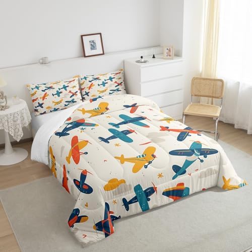 Manfei Aircraft Kids Comforter Set Queen Size, Cartoon Airplane Bedding Set for Boys Girls Room Decor, Flying Plane Print Down Comforter for All Season, Soft Polyester Quilt Set, 2 Pillowcases