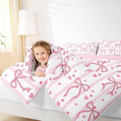 Castle Fairy Cute Pink Bows Comforter Set Queen Size,Dreamy Princess Style Down Alternative Adults Room Decor,Romantic Pink Ribbon Ultra Soft Microfiber Inner Fill 3Pcs Bedding