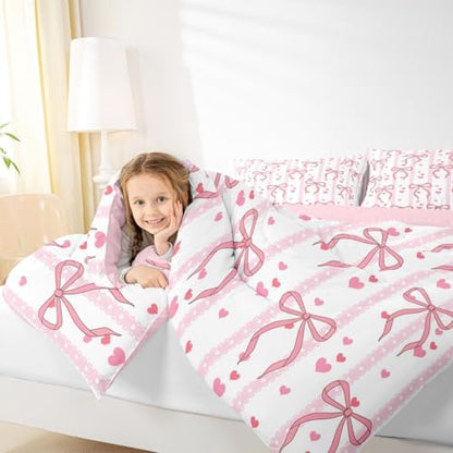 Castle Fairy Cute Pink Bows Comforter Set Queen Size,Dreamy Princess Style Down Alternative Adults Room Decor,Romantic Pink Ribbon Ultra Soft Microfiber Inner Fill 3Pcs Bedding