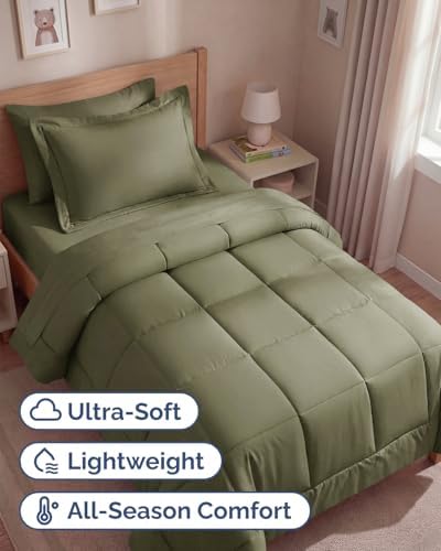 Twin Comforter Set - 5 Piece Bed in a Bag Twin Size Bed Set - Sage Green