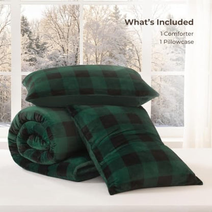 Litanika Velvet Flannel Plaid Comforter Set Twin, 3 Pcs Green Blanket