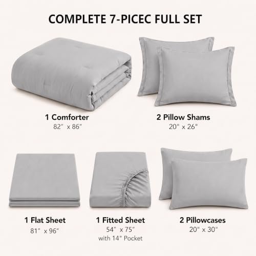 HIMEET Full Comforter Set, 7-Piece Point-Quilted Bed in a Bag, French Grey