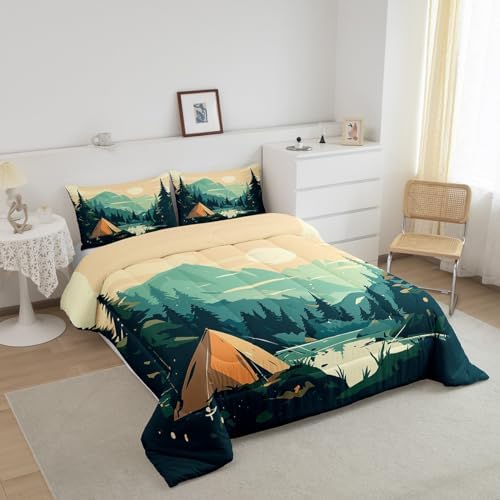 Happy Camping Comforter Set Twin Size,Sunset Mountain Camper Bedding Set for Kids Teens Adults Room Decor,Lake Tree Woodland Duvet Insert 2Pcs,Nature Scenery Camper Adventure Quilt Set,1 Pillowcase