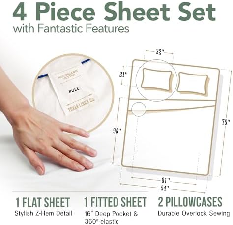 TEXAS LINEN CO. 100% Organic Cotton Percale Sheets Full Size - 4 PC Organic Cotton Full Size Percale Printed Sheet Sets, Soft, Crisp, Cooling Sheets, 16" Deep Pocket Hotel Bedding Set - Dotted Stripe
