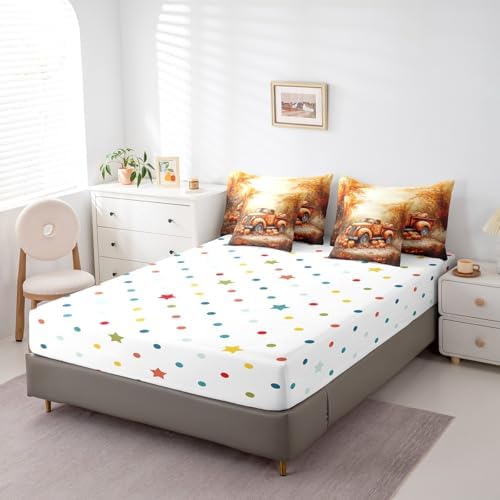 Erosebridal Autumn Truck Pumpkin Bed in A Bag with Sheets for Kids Boys Girls Fall Harvest King Comforter Set 7 Piece Maple Leaves Print Bedding Set Rustic Farmhouse Style Bed Set Holiday Decor