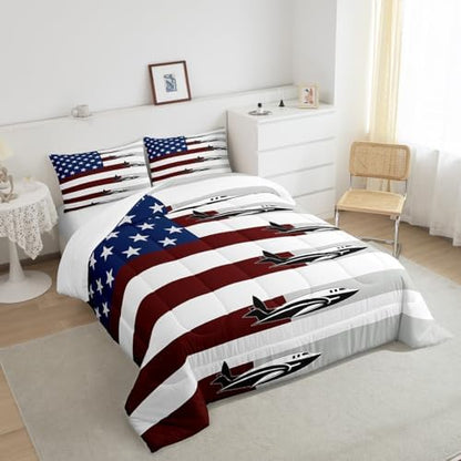 Erosebridal Airplane Comforter Set Full for Kids Adult,American Flag Bedding Set Air Plane Room Decor for Boys Girls,Stars and Stripes Comforter Set Aircraft Aviation Themed Quilt Bed Set 3Pcs