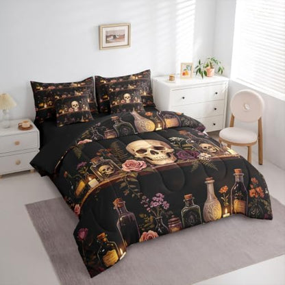 Erosebridal Skull Halloween 7 Piece Bedding Set Full Cool Painting Comforter Set with Sheets Gothic Vintage Witchy Bed in a Bag Spooky Magic Bookshelf Bed Sets Comforter