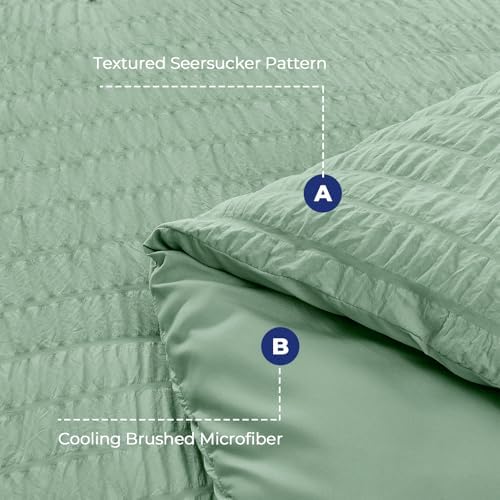 HYMOKEGE Sage Green California King Comforter Set Seersucker 7 Pieces, All Season Luxury Bed in a Bag for Bedroom, Bedding Set with Comforters, Sheets, Pillowcases & Shams