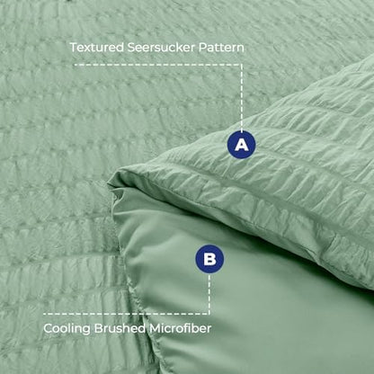 HYMOKEGE Sage Green California King Comforter Set Seersucker 7 Pieces, All Season Luxury Bed in a Bag for Bedroom, Bedding Set with Comforters, Sheets, Pillowcases & Shams