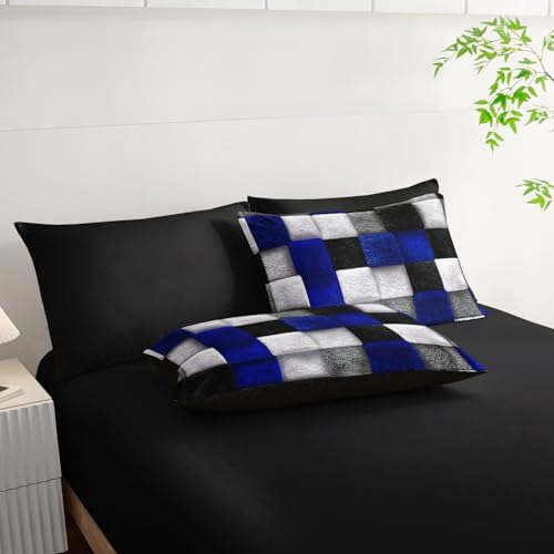 7 Piece Black White Blue Checkered King Size Comforter Set with Sheets，King Size Quilt Bedding Set Checkered，(1 Comforter, 1 Flat Sheet, 1 Fitted Sheet, 2 Pillowcase and 2 Pillow Sham)