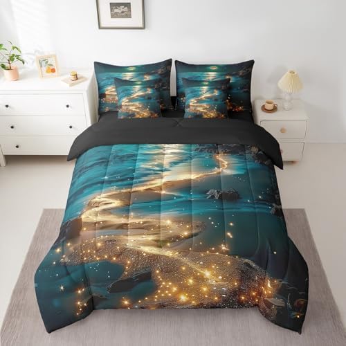 Feelyou Moonlight Beach Comforter Set 7 Pieces Twin Size Seaside Moon Bedding Set for Boys Girls Ocean Bed in a Bag with Comforter, Sheets, Pillowcases & Cushion Covers