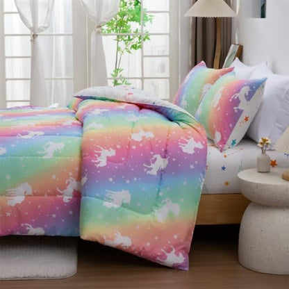 NTBED 5Pcs Glow in The Dark Kid Comforter Set Rainbow Unicorn Queen Bedding