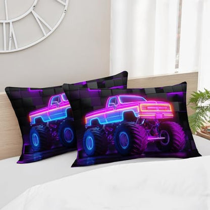 HOSIMA Boys Neon Truck Twin Fitted Sheet,1 Fitted Sheet+2 Pillowcases.
