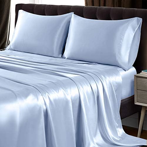 SiinvdaBZX 3Pcs Satin Sheet Set Twin Size 15-Inch Deep Pocket, Baby Blue