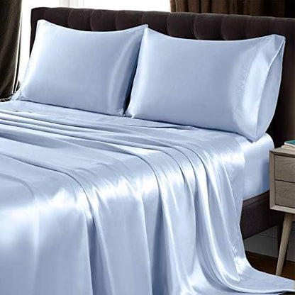 SiinvdaBZX 3Pcs Satin Sheet Set Twin Size 15-Inch Deep Pocket, Baby Blue