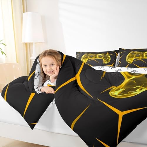 Castle Fairy Gamepad Comforter Set for Kids,Geometric Gaming Honeycomb Bedding Set Teens Boys Room Decor,Video Game Controller Yellow Comforter with 1 Pillowcase for All Seasons,Twin
