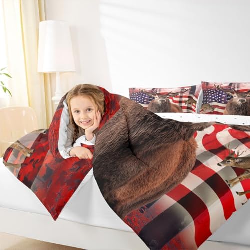 American Flag Comforter Set, Cute Deer Down Comforter Queen For Kids Boys Teens, United States Bedding Set Usa Federations Stars Duvet Sets Geometric Stripes Bedroom Decor With 2 Pillowcases