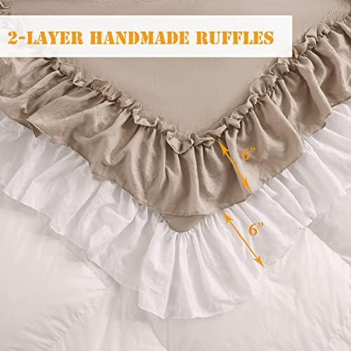 Masaca Ruffled Comforter King Size,Farmhouse Rustic Bedding Shabby Boho Chic Taupe and White Bedding Vintage Aesthetic Lightweight Fluffy Comforter Set 3 Pieces