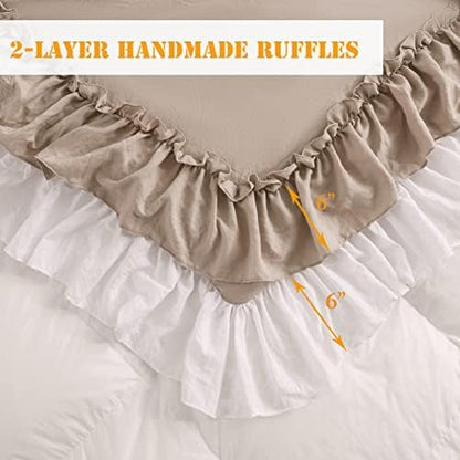 Masaca Ruffled Comforter King Size,Farmhouse Rustic Bedding Shabby Boho Chic Taupe and White Bedding Vintage Aesthetic Lightweight Fluffy Comforter Set 3 Pieces