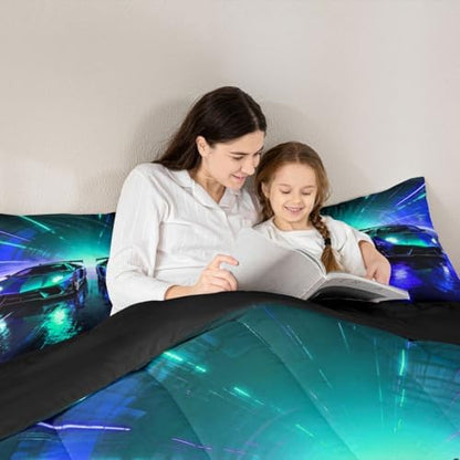 Feelyou Blue Racing Car Bedding Set Soft for Boys Girls, Boys Sports Car Comforter Set Queen Size Racing Extreme Sports Duvet Quilt Microfiber Speed Sports Bedroom Decor 3 Pcs with 2 Pillow Cases