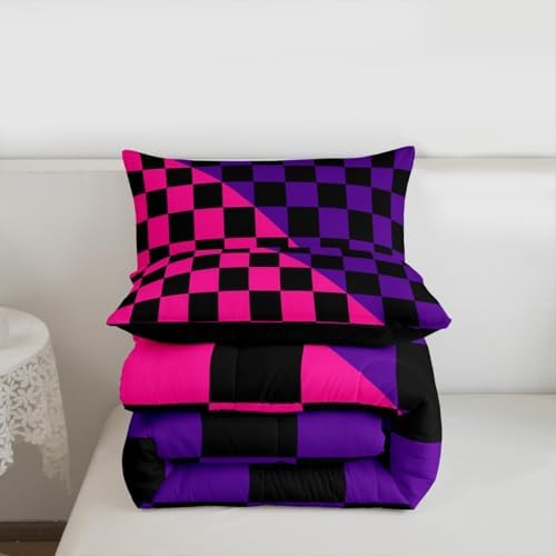 Feelyou Checkered Retro Kids Comforter Set King Size Modern Geometric Cute Bedding Set Rose Pink Purple Duvet Quilt for Kids Boys Girls Bedroom Vintage Simple Groovy Aesthetic Decor