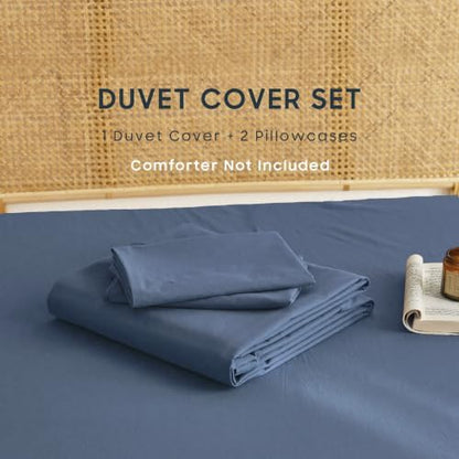 Wake In Cloud - Cotton Duvet Cover Set, 100% Washed Cotton, Linen Like Textured, Breathable Durable Comfy Farmhouse Neutral Bedding Set, 3 Pieces, Dark Blue, Full Size