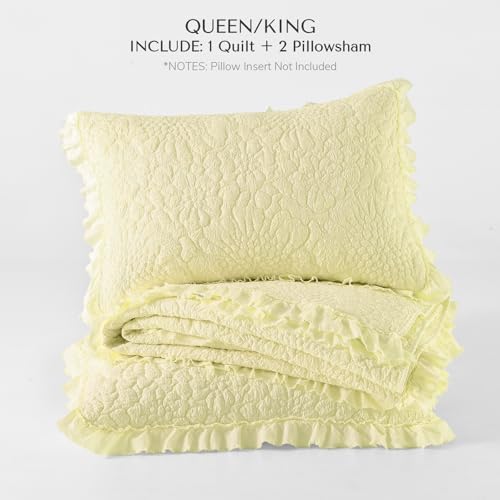 Pastel Yellow Ruffled Quilt King Size, Stone-Washed Microfiber Lightweight Crinkled Farmhouse Rustic Shabby Chic Bedding Set, 3 Pieces Reversible Bedspread Coverlet with Pillow Shams for All Season