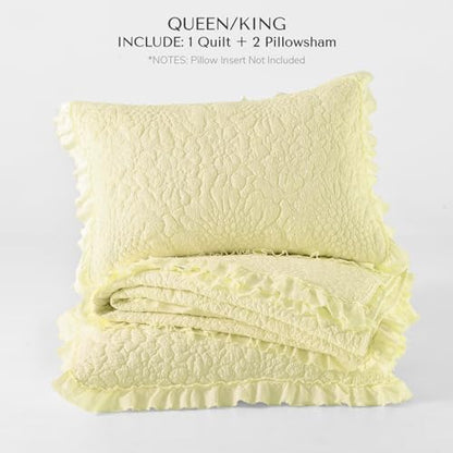 Pastel Yellow Ruffled Quilt King Size, Stone-Washed Microfiber Lightweight Crinkled Farmhouse Rustic Shabby Chic Bedding Set, 3 Pieces Reversible Bedspread Coverlet with Pillow Shams for All Season