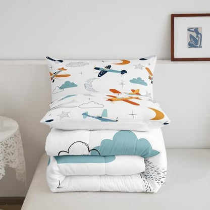 Kids Hand Drawn Airplane Comforter Set Queen Size for Child Boys Girls Room Decor,Cartoon Starry Moon Cloud Bedding Set,Teens Sky Flying Transport Plane Quilt Set White Vivid Duvet Insert 3pcs