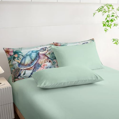 Nttopship Spring Sea Turtle Comforter Set 7 Pcs Bedding Set Full Size,Spring Sea Turtle Theme Bedding Set 7 Piece in A Bag,Wooden Floral Tropical Plants Printed Quilts Set Lightweight Soft