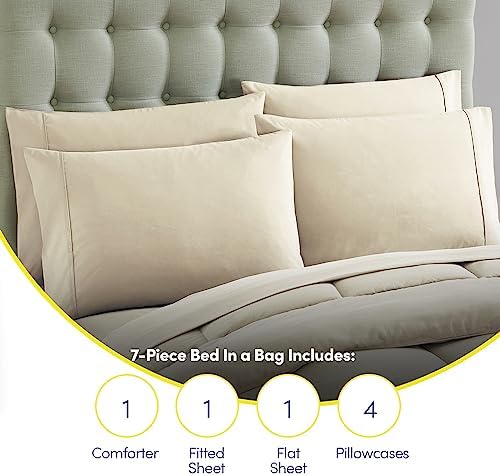 Sweet Home Collection 7 Piece Comforter Set Bag Solid Color All Season Soft Down Alternative Blanket & Luxurious Microfiber Bed Sheets, Beige, Full