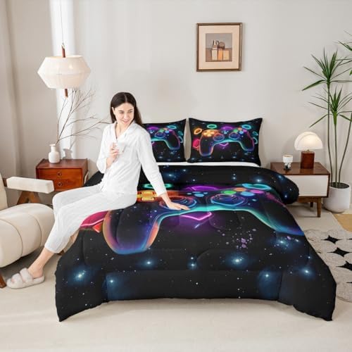 Game Consoles Gamer Bedding Set King Gamer Gifts,Gaming Comforter Sets for Boys Space Glow Geometric Kids Comforter Sets Boys Red Green Blue Teal,Gaming Decor for Bedroom