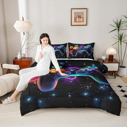 Game Consoles Gamer Bedding Set King Gamer Gifts,Gaming Comforter Sets for Boys Space Glow Geometric Kids Comforter Sets Boys Red Green Blue Teal,Gaming Decor for Bedroom