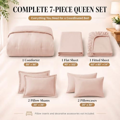 CozyLux Queen Comforter Set Blush Pink, 7 Pieces Bed in a Bag