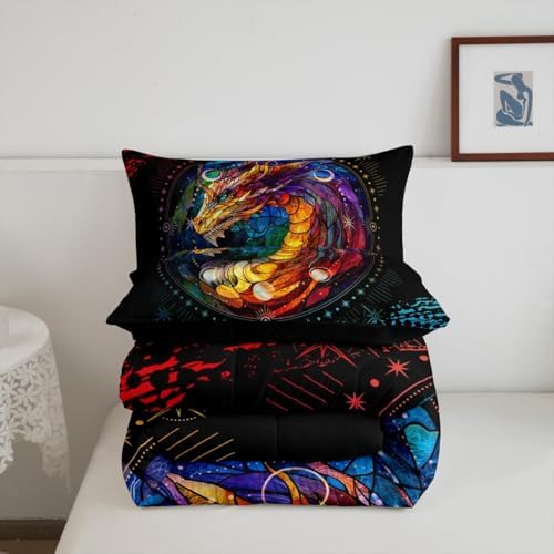 Feelyou Dragon Comforter Set Queen Size Dragon Stuff Comforter for Boys Girls Teens Wild Life Bedding Set Dragon Decor Duvet Set Room Decor Black Orange Yellow Quilt Set