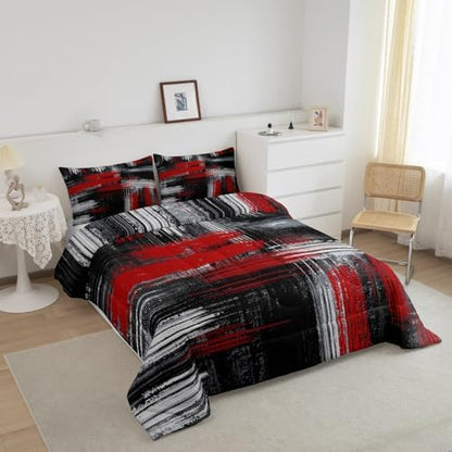 Feelyou Red Black and Grey Comforter Geometric Artistic Smear Comforter Set Abstract Graffiti Art Bedding Set Contemporary Modern Brush Design Duvet Set Room Decor Quilt Set Toddler Size