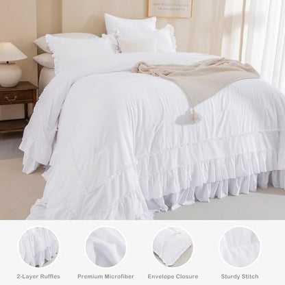 Masaca Oversized King Comforter 128x120,Bright White Shabby Boho Chic Farmhouse Bedding Comforter with Ruffles,Vintage Lightweight and Soft French Country Rustic Extra Large King Bedding Set 3 Pieces