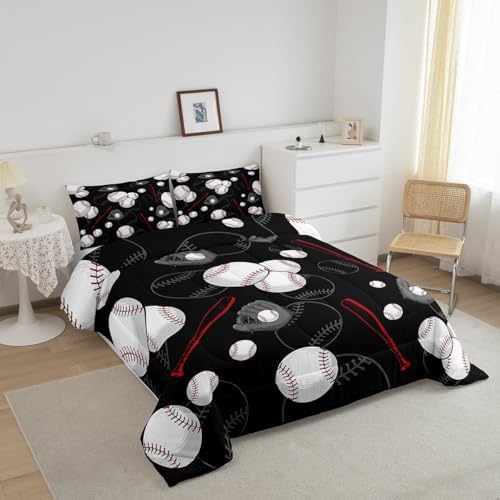 Castle Fairy White Baseball Comforter Set,Red Baseball Bat Bedding Set for Kids Girls Boys,Teens Adults Sports Baseball Comforter,Ball Games Quilted Duvet Set Bedroom Collection Twin Size 2Pcs