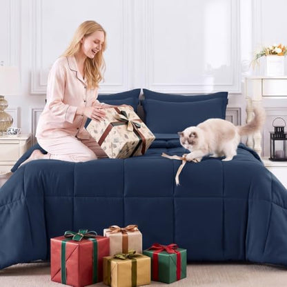 CozyLux Oversized Queen Comforter Set, 7-Piece Bed in a Bag, Navy Blue