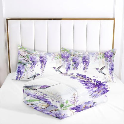 CCoutueChen Comforter Set Queen Purple Wisteria Bedding Set Hummingbirds Bedding Soft Down Alternative Comforter with 2 Pillowcases, Aesthetic Floral Design