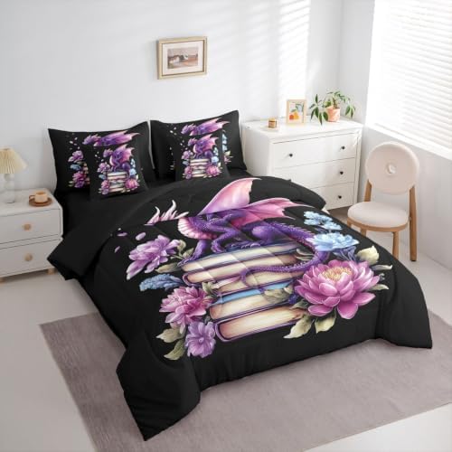 Feelyou Dragon Comforter Set King Size 7 Pieces Book Lover Bedding Set for Kids Boys Girls Dark Fantasy Bed in a Bag with Comforter, Sheets, Pillowcases, Cushion Covers Lightweight