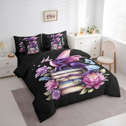 Feelyou Dragon Comforter Set Twin Size 7 Pieces Book Lover Bedding Set for Kids Boys Girls Dark Fantasy Bed in a Bag with Comforter, Sheets, Pillowcases, Cushion Covers Lightweight
