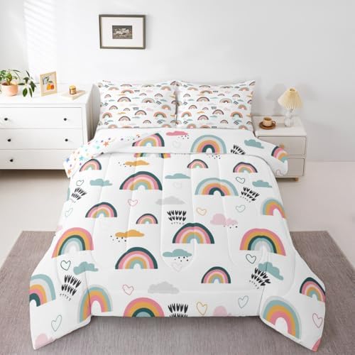 Erosebridal Rainbow Bedding Set for Kids Girls, Pink Love Heart Comforter Set King Size Cartoon Cloud Geometric Stripes Bedding Comforter for Boys Children Women Watercolor Art Girly Duvet Sets