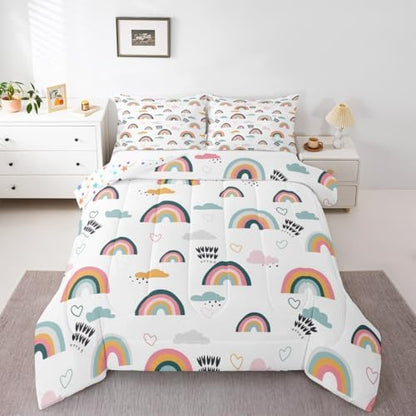 Erosebridal Rainbow Bedding Set for Kids Girls, Pink Love Heart Comforter Set King Size Cartoon Cloud Geometric Stripes Bedding Comforter for Boys Children Women Watercolor Art Girly Duvet Sets